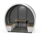Outdoor Meeting Pod PART ENCLOSED with composite wood effect interior, seating, fixed table and flooring, open front, fully double glazed rear