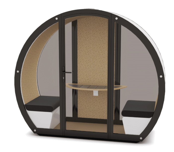 Outdoor Meeting Pod fully enclosed 2 seat unit with seating and worksurface