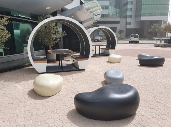 Outdoor Meeting Pod two open 4 seat units shown out the front of an office building