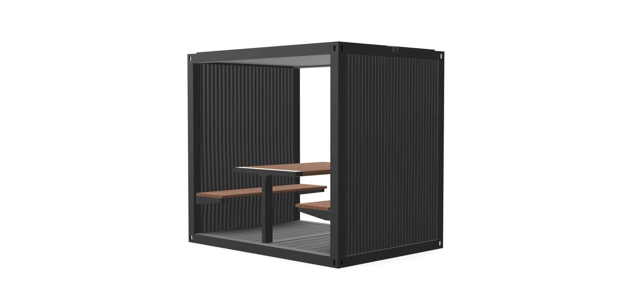 Outdoor Meeting Shack with open front and back, integrated bench seats and table