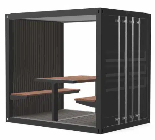 Outdoor Meeting Shack with open front and back, integrated seats and table
