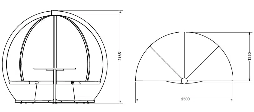 Outdoor Orb Pod 4 person pod dimensions - H:2165 x W:2500 x D:1250mm