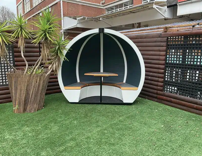 Outdoor Orb Pod 4 person pod shown in an outside space
