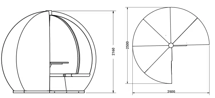 Outdoor Orb Pod 6 person pod dimensions - H:2160 x W:2500 x D:2500mm