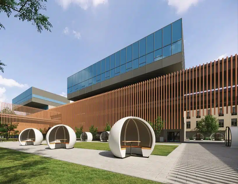 Outdoor Orb Pod shown outdoors in front of an office building
