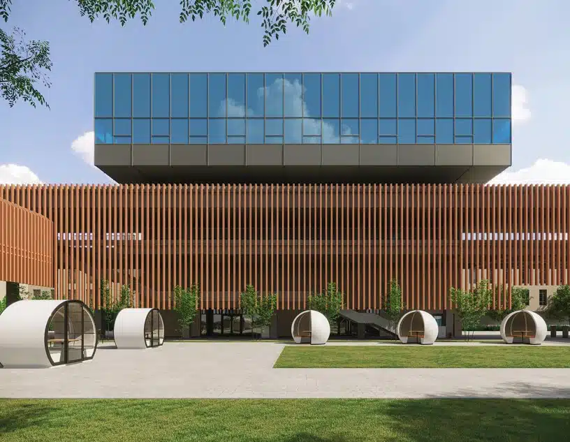 Outdoor Orb Pod with two Outdoor Meeting Pods shown outdoor office courtyard