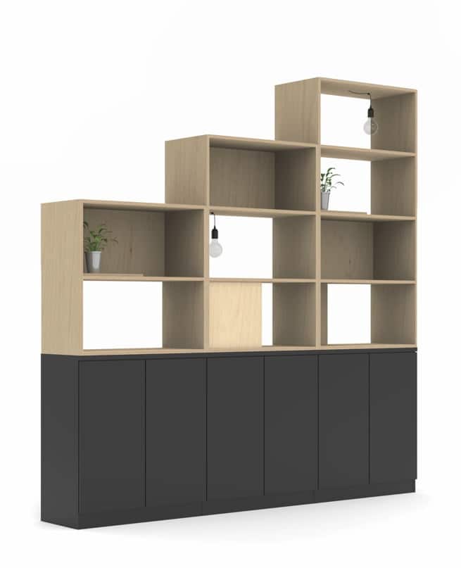 Palisades Wood Zone Divide staggered height units on top of high double base cabinets