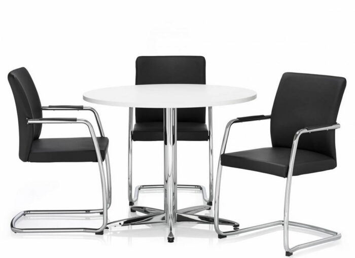 Panache Meeting Chair 3 full back chairs with chrome cantilever frames and black leather upholstery around a circular meeting table