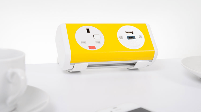 Panda8 Power Modules yellow unit with white end caps shown on desk top