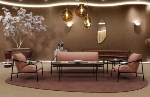 Paulo Lounge Seating- low back chairs and a sofa shownin a lounge area with two tables