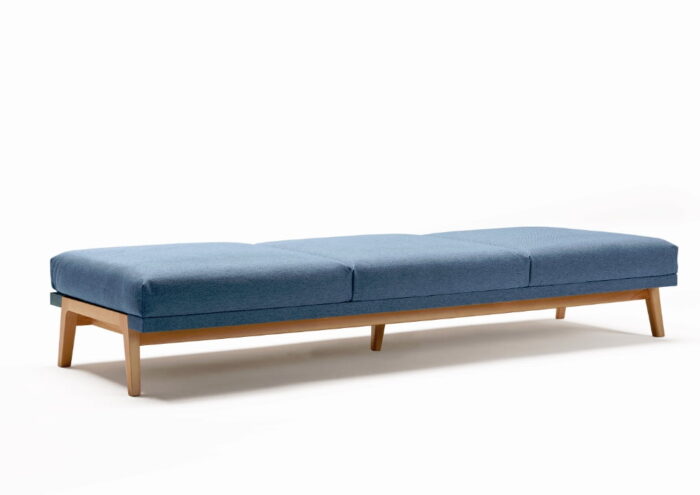 Pausa Modular Seating three seater bench with blue upholstery and upholstered trim