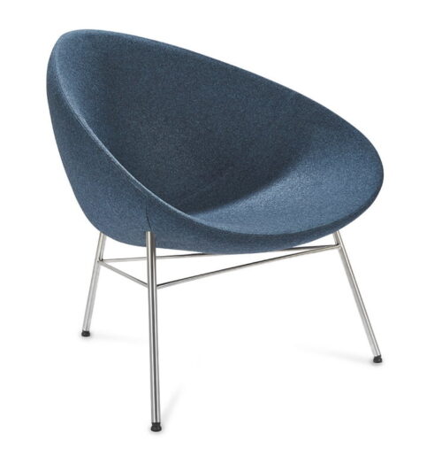 Pear Breakout Chair with 3 leg metal frame and blue upholstered seat