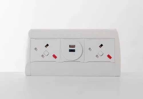 Pearl Power Module showing a vertical unit with two UK power sockets and one twin USB charging socket