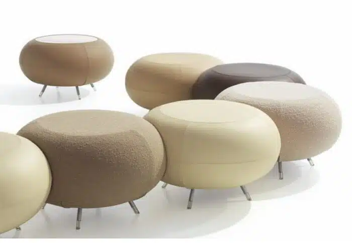 Pebble Stool row of stools and a table in neutral coloured fabric