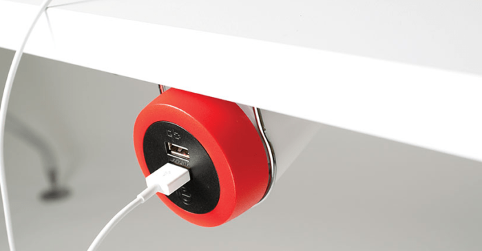 Pendulum Power Module red bezel unit in an underdesk bracket