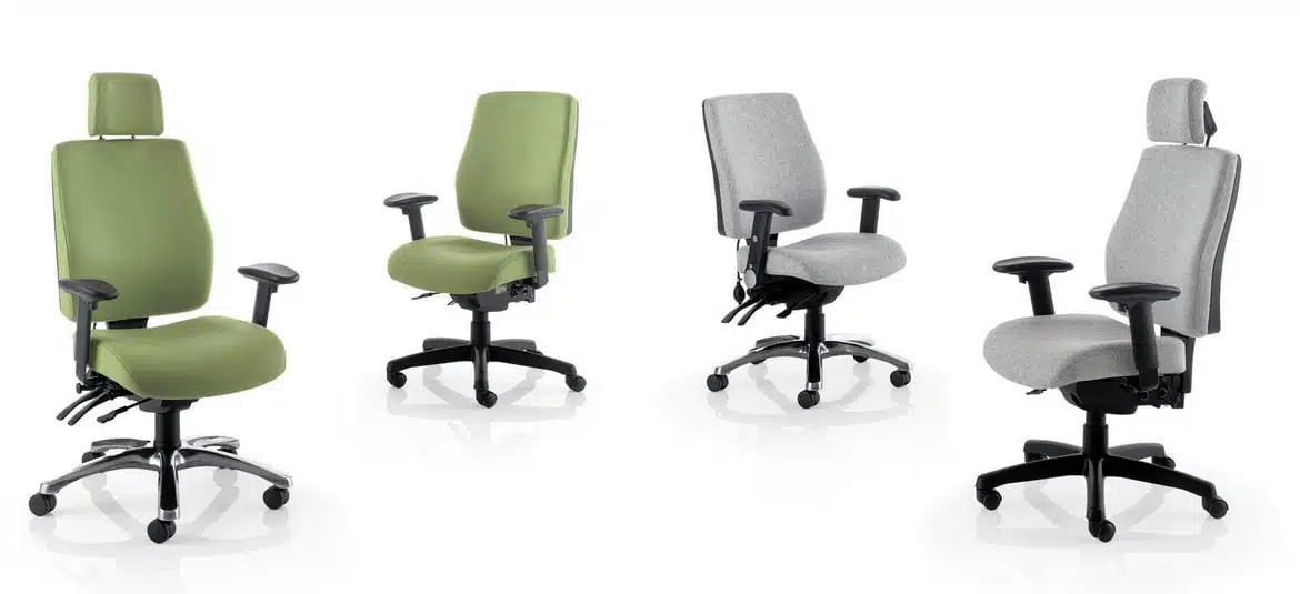 Performance Posture Task Chair group of all four models shown with black nylon 5 star bases