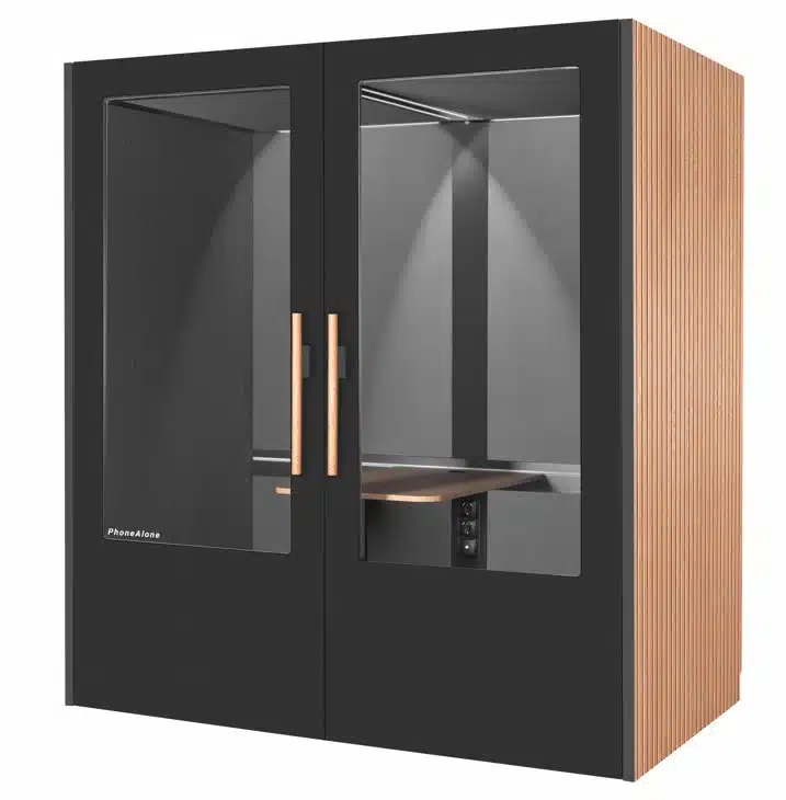 PhoneAlone Meeting Booth in black with wooden slatted side panels