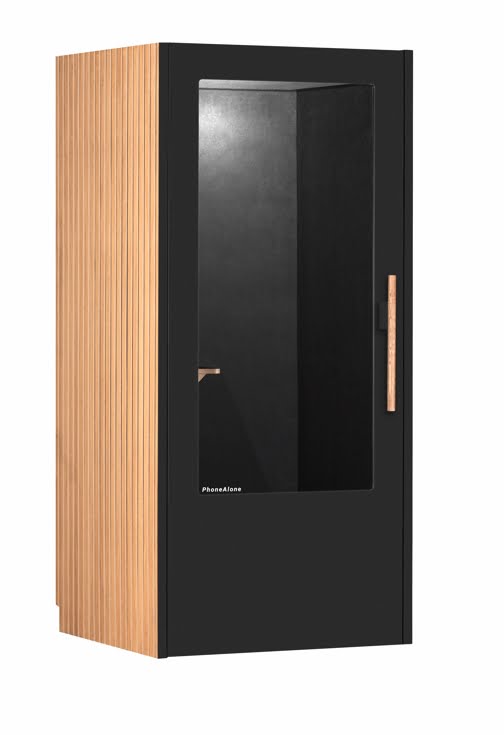 PhoneAlone Phone Booth in black with wooden slats