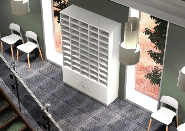 Pigeonhole Units 1200mm wide unit in white shown in a corridor