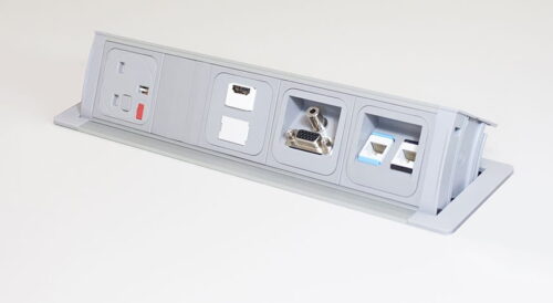 Pivot Power And Data Module with 5 socket options, shown open in a work surface