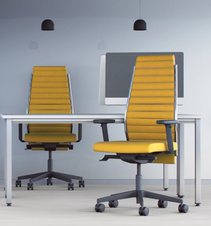 Plan Executive Chair with high ribbed backs, yellow upholstery and black bases shown by a desk