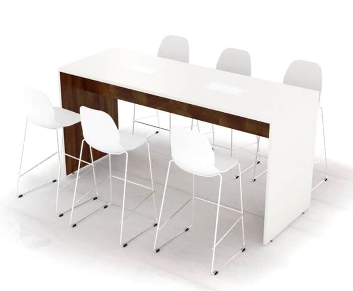 Planar Table in a 2000mm wide poseur height table with a two-tone white_walnut board finish and integrated power modules