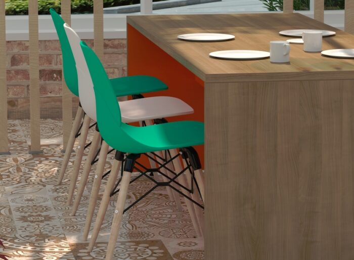 Planar Table - poseur height table in a two tone finish shown with six high chairs in a breakout dining space