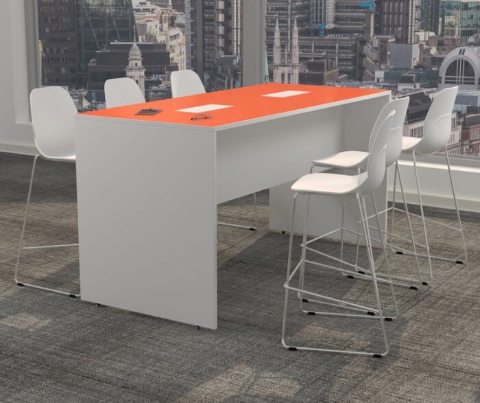 Planar Table - poseur height table in a two tone finish with optional integrated power modules, shown with six high chairs in an office