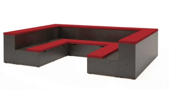 Platforms Modular Seating U shape configuration in black stained birch and red upholstery