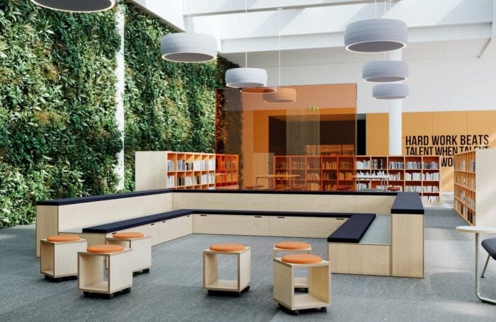 Platforms Modular Seating U-shape configuration shown with Platforms Box Stools in a library space