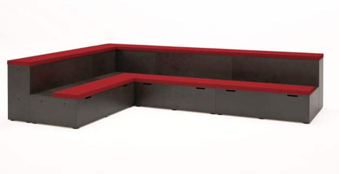 Platforms Modular Seating asymetrical L shape configuration in black stained birch and red upholstery