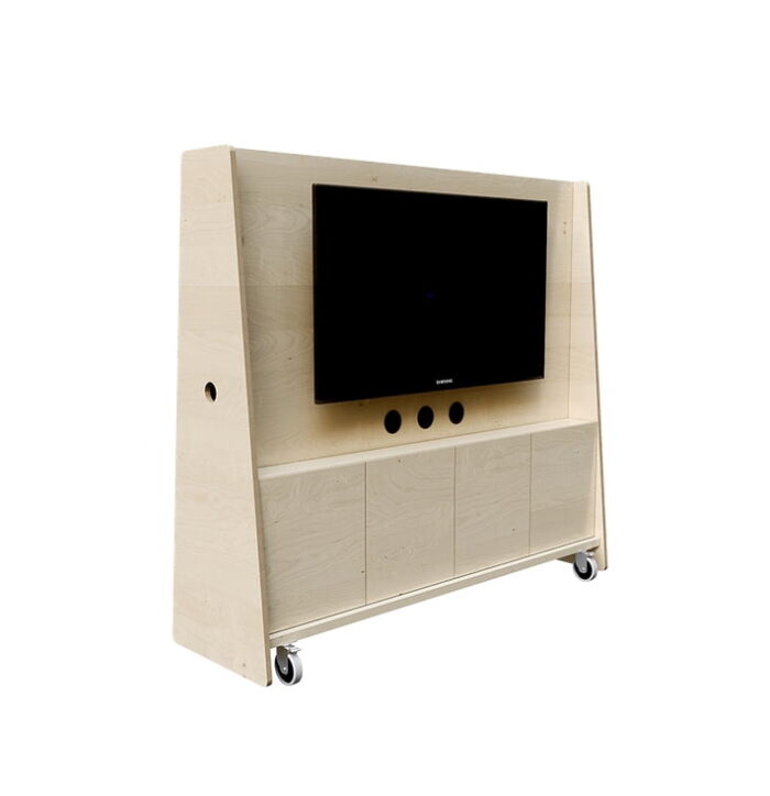 Play Media Unit front view, on castors with monitor bracket, dry wipe panel and power