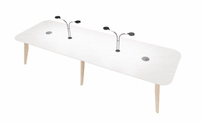 Plenti Table desk high table with white top, two integrated Loola LED task lights and two integrated Pandora Power Modules