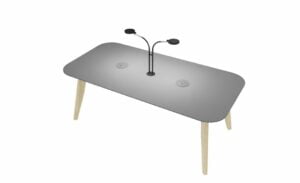 Plenti Table diner height with grey top and wood 4 leg frame, integral LED task light and two pandora power modules TPT-DIN