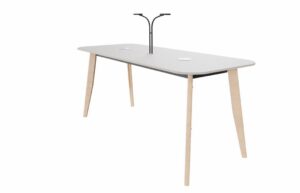 Plenti Table poseur height with white top and wood 4 leg frame, integral LED task light and two pandora power modules TPT-POS