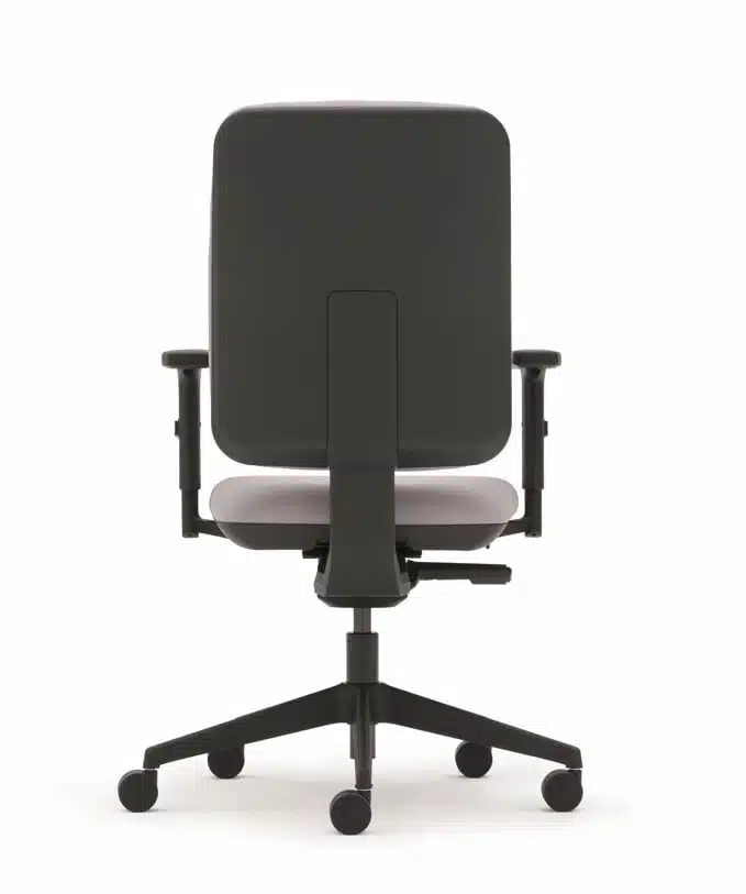 Pluto Plus Task Chair rear view of chair with high back, height adjustable arms and a black nylon base on castors
