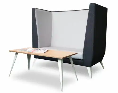 Polly Soft Seating high back 2 seat sofa with silver legs and matching table