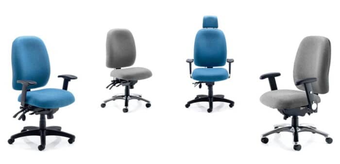 Posture Plus Task Chair group of all 4 models with blue upholstery adn black bases or grey upholstery and chrome bases