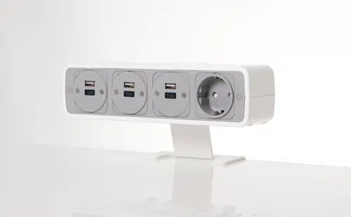Pulse Power Module in white unit with grey fascia clamped on to a desk edge