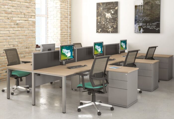 Pure Bench Desk 6 person back to back configuration shown in wood effect finish with matching extension pedestals and desk screens