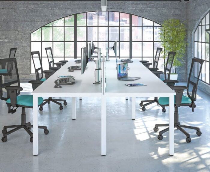 Pure Bench Desk six person back to back configuration shown in white with central desk screen