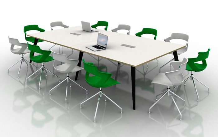 Pyramid Conference Tables with black steel legs shown with 12 Aria chairs in white and green