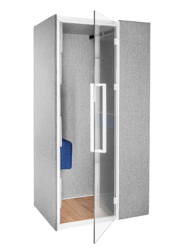 Quadra Phone Booth with wooden flooring, blue upholstered seat, white metal frame and door handle, light grey upholstery