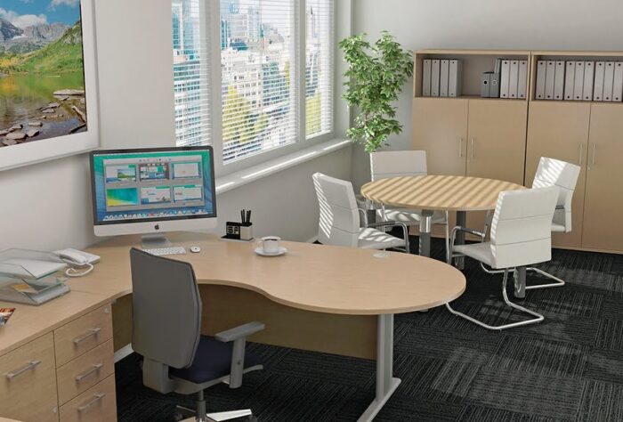 Qudos Desks And Workstations conference link workstation with storage and meeting table in an office