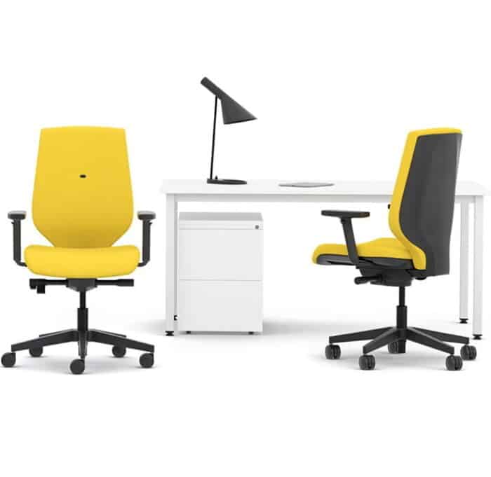 Quintessential Task Chair two task chairs with height adjustable arms and black nylon bases shown by an office desk