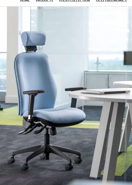 Re-Act Deluxe Task Chair high back with headrest, adjustable arms and black nylon spider base shown by an offiece desk