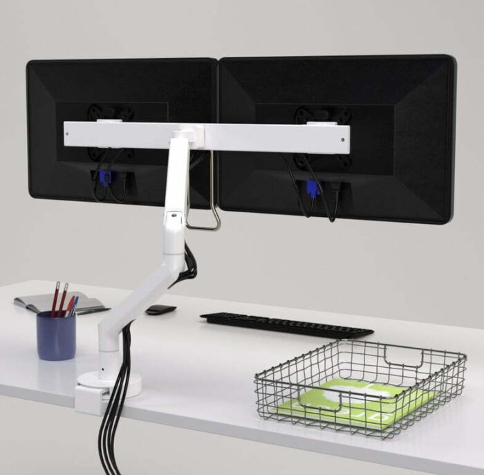 Reach Plus Monitor Dual Arm in white shown with two screens