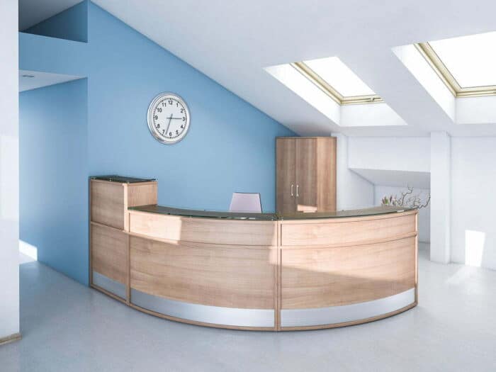 Receptiv Reception Desk in teak with glass counter tops