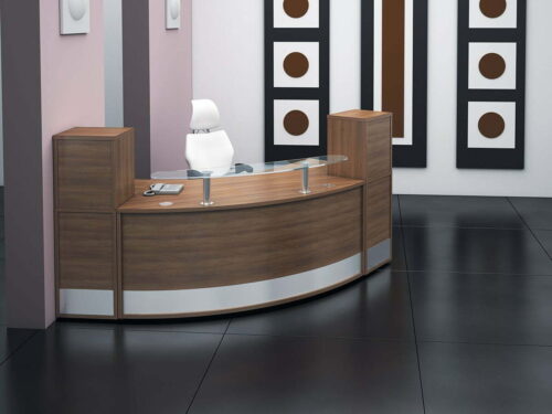 Receptiv Reception Desk in walnut with silver kick plates