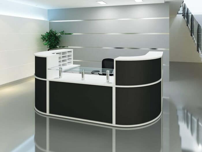 Receptiv Reception Desk in white with contrasting black modesty panels